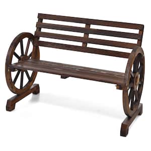2-Person Brown Wagon Wheel Wood Outdoor Bench Armrests Rustic