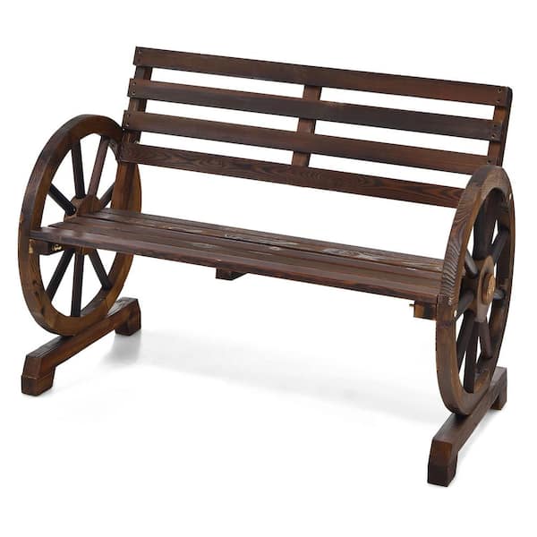 Costway 2-Person Brown Wagon Wheel Wood Outdoor Bench Armrests Rustic