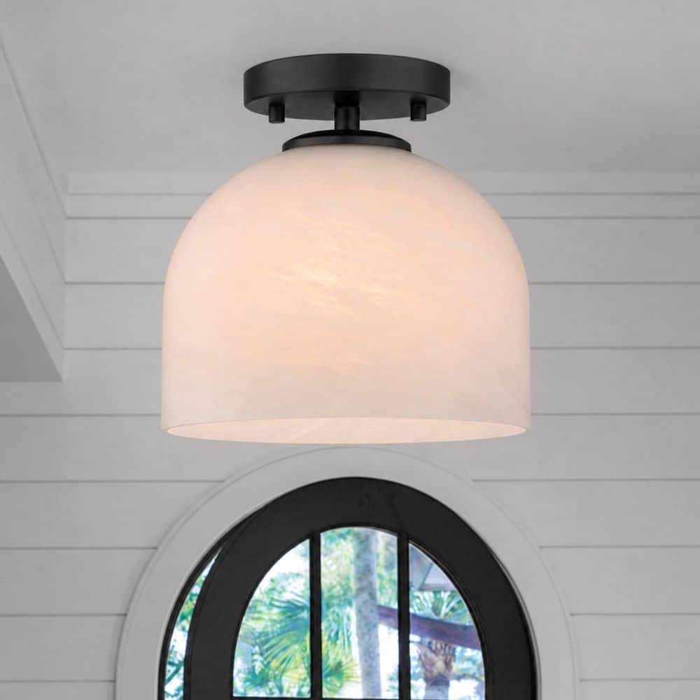 Shelby 9.25 in. Transitional Dome Matte Black Semi-Flush Mount Ceiling Light for Bedroom with White Marble Glass Shade price history on PriceWatchPro