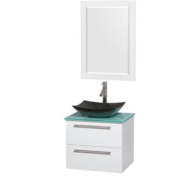Wyndham Collection Amare 24 in. Vanity in Glossy White with Glass Vanity Top in Green with Black Granite Sink and 24 in. Mirror