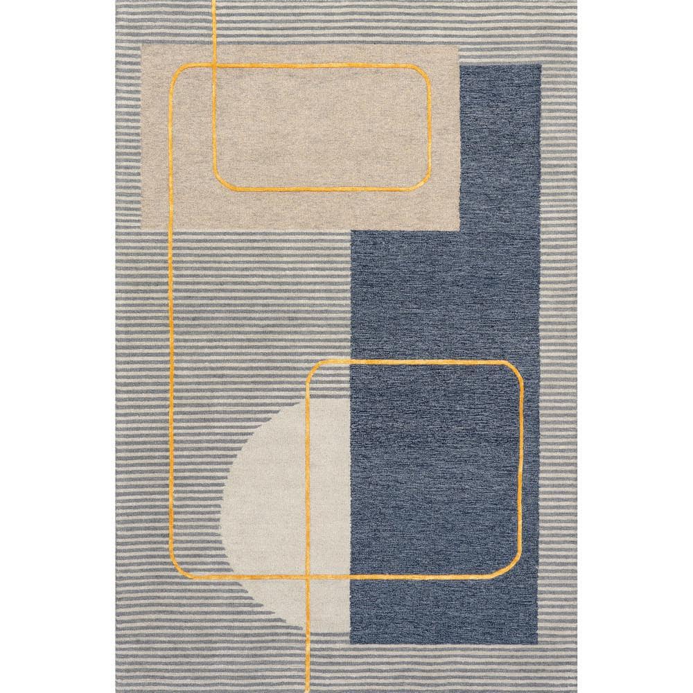 Blue and Gray Tufted Wool Striped Area Rug