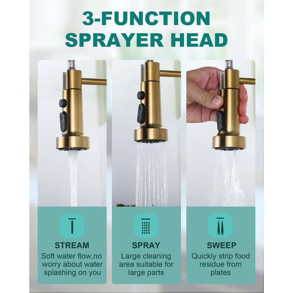 Brushed Gold Stainless Steel Pull Down Kitchen Faucet with Soap Dispenser