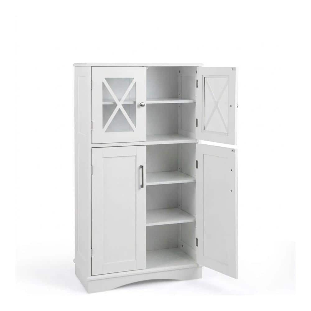 Freestanding 4-Door Bathroom Floor Cabinet 23.5 x 12 x 42.5 in. Glass Doors 3 Adjustable Shelves