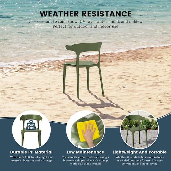 Frond and Form Outdoor Patio Modern Curved Back Poly Plastic Stacking Dining Side Chair (Set of 2), Olive Green