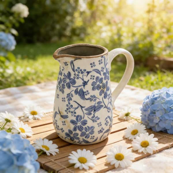 7.1 in. White+Blue Ceramic Decorative Pitcher Flower Vase with