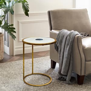13 in. White, Gold and Blue Round Marble Side End Table with Iron Frame