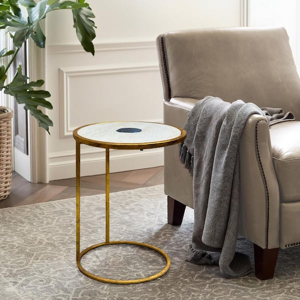 THE URBAN PORT 13 in. White, Gold and Blue Round Marble Side End Table with Iron Frame