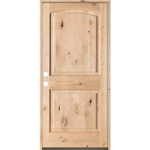 Krosswood Doors 36 in. x 80 in. Rustic Knotty Alder 2-Panel Top Rail Arch Solid Wood Core Stainable Right-Hand Prehung Exterior Door