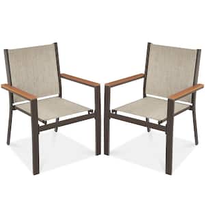 Set of 2 Brown Textilene Chairs with Armrests, Steel Conversation Accent Furniture for Patio