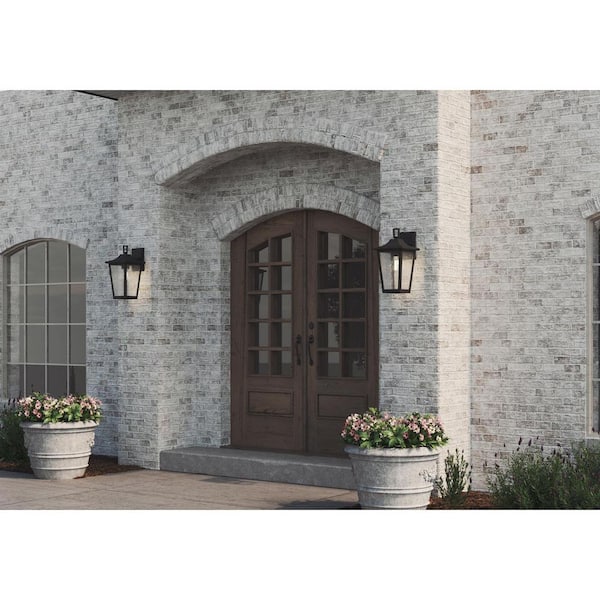 Padgett 1-Light Textured Black Hardwired Outdoor Wall Lantern Sconce with Clear Seeded Glass Shade