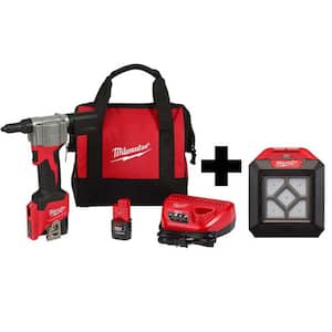 M12 12-Volt Lithium-Ion Cordless Rivet Tool Kit with (2) 1.5Ah Batteries, Charger and 1000 Lumens M12 Flood Light