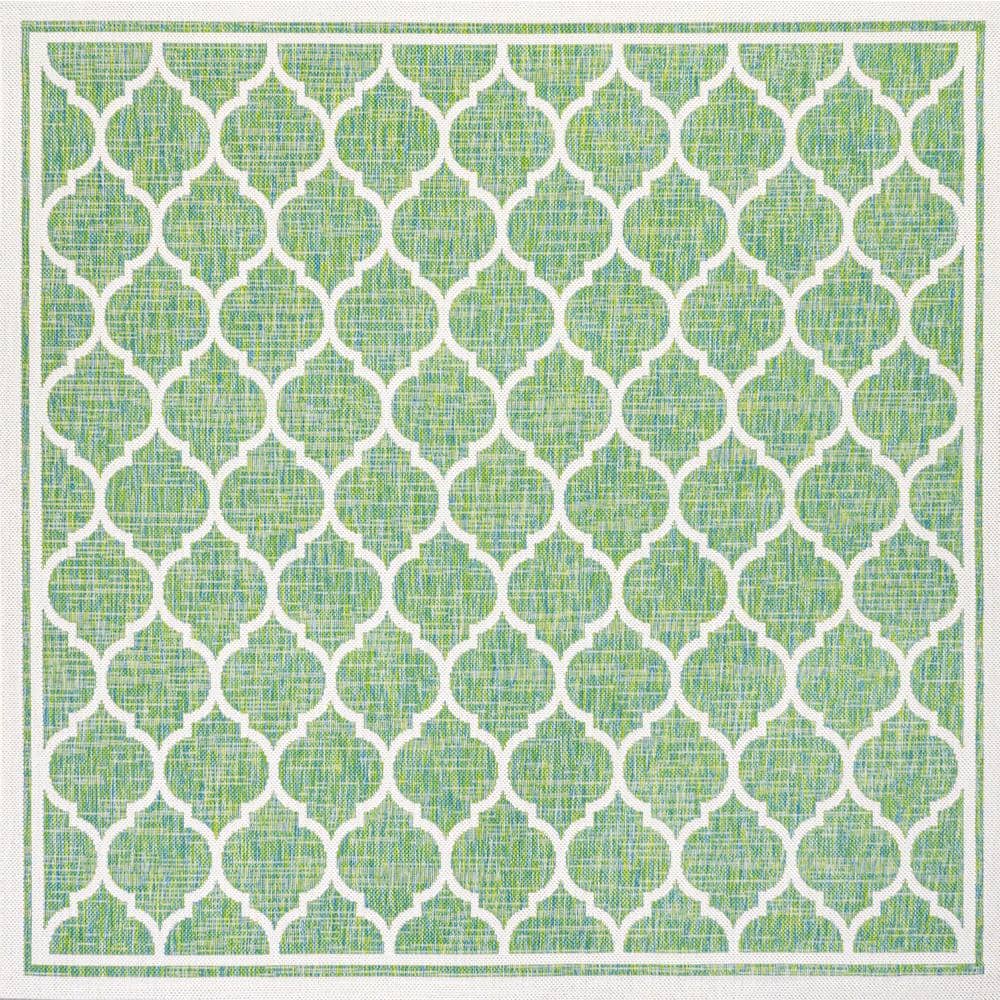 Cream and Green Synthetic Trellis 5' Square Reversible Rug