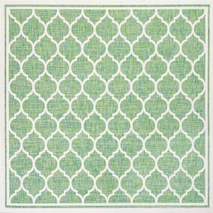 Trebol Moroccan Trellis Textured Weave Cream/Green 5 ft. Square Indoor/Outdoor Area Rug