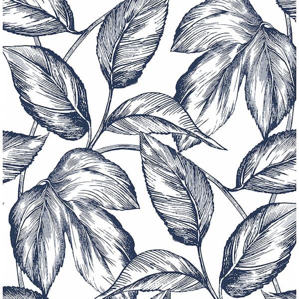 NextWall 30.75 sq. ft. Navy Blue Sketched Leaves Vinyl Peel and Stick Wallpaper Roll