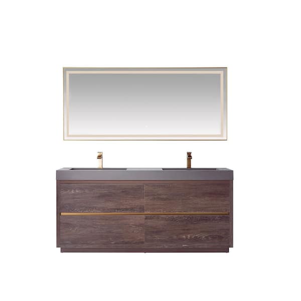 ROSWELL Huesca 72 in. W x 20 in. D x 33.9 in. H Double Sink Bath Vanity in N. Carolina Oak with Gray Composite Top and Mirror