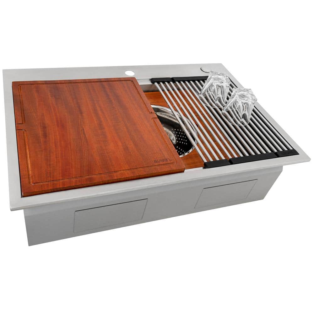 40-Inch Stainless Steel Workstation Sink with Three Bowls and Wood Platform