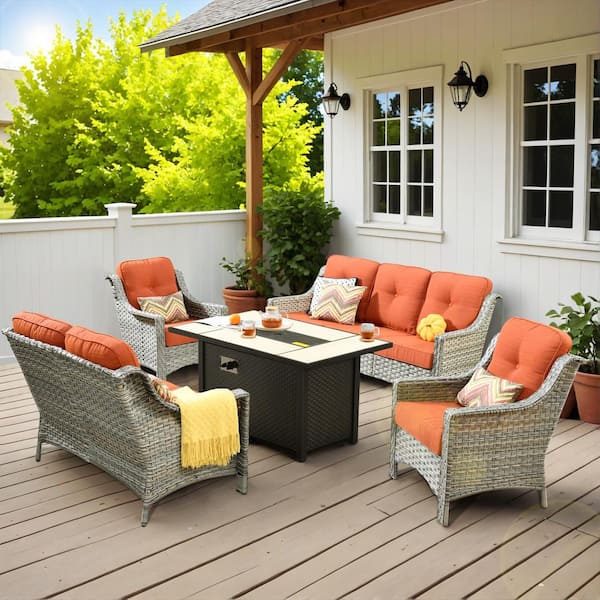 Verona 5-Piece Wicker Modern Outdoor Patio Fire Pit Furniture Conversation Sofa Loveseat Set with Red Cushions