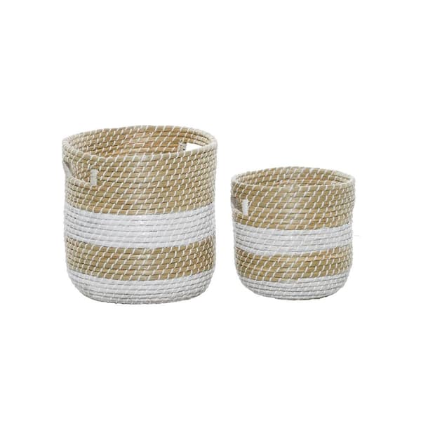 Litton Lane Seagrass Handmade Two Toned Storage Basket with Matching Lids ( Set of 2) 041279 - The Home Depot