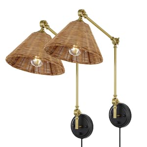 Brass with Rattan Lamp Shade Swing Arm Wall Lamp (Set of 2), Black and Dark Brown