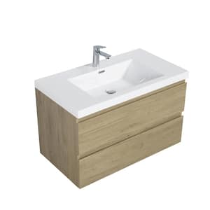 36 in. W Single Sink Wall-Mounted Natural Oak Bath Vanity With White Resin Top Unassembled