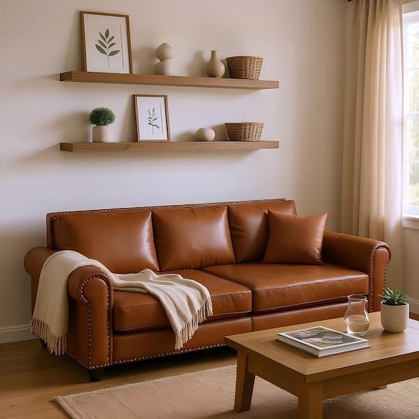 DBZY 93.7 in. Cognac Faux Leather King Size 3-in-1 Convertible Sofa Bed with Nailhead Trim and Rolled Arms