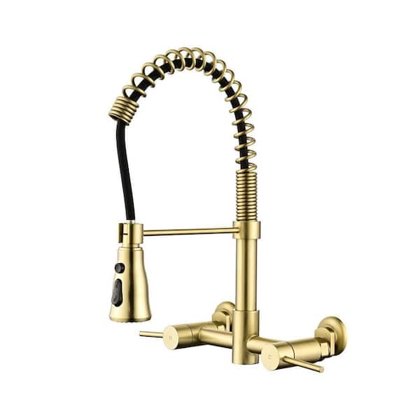 2 Handle Bridge Kitchen Faucet in Brushed Gold