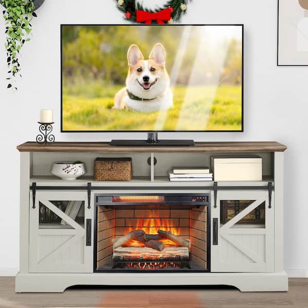 60 in. Freestanding Ultra Thin Tempered Glass Front Smart Electric Fireplace and TV Stand with Remote in White