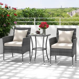 3-Piece Wicker Patio Conversation Set w/A Tempered Glass Table Off White Cushions