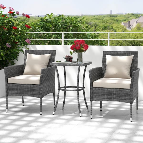 Gymax 3-Piece Wicker Patio Conversation Set w/A Tempered Glass Table Off White Cushions