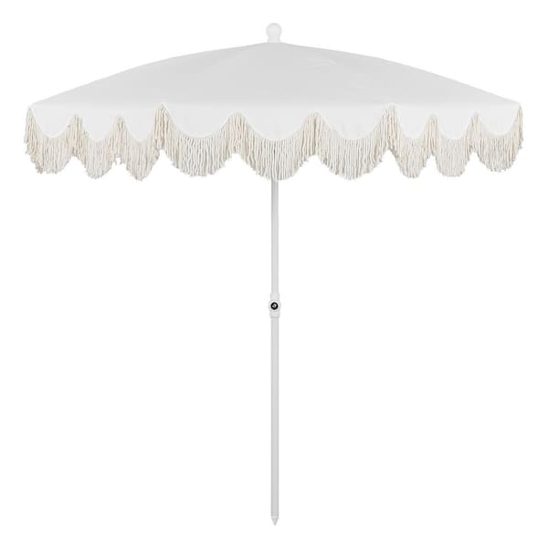 Mariner 6.5 ft. Classic Cottage Fringe Tassel Market Beach Umbrella in White/Cream, White Pole