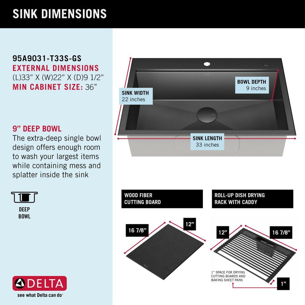 Delta Black Stainless Steel 33" Single Bowl Drop-In Kitchen Sink