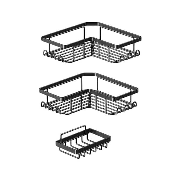 3 Pack Stainless Steel Rustproof Shower Caddy with Soap Holder and 12 Hooks, No Drilling Wall Mounted Rack in Black