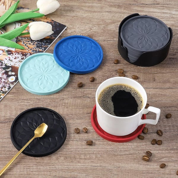 Silicone Coasters with Holder, Thickened, Non-Slip, Non-Stick and Deep Tray for Kitchen, Bar and Drinks, Black (6-Pack)