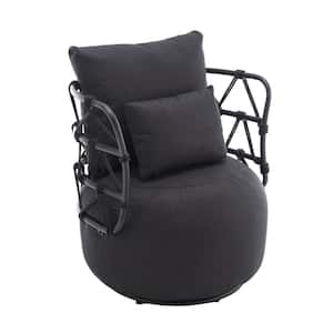 Fashionable Upholstered Tufted Textured Linen Fabric Barrel Chair with Metal Stand - Black