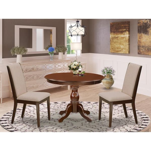 East West Furniture 3-Piece Mahogany Finish Solid Wood Top - Dining Room Set with High Back - Seats 4