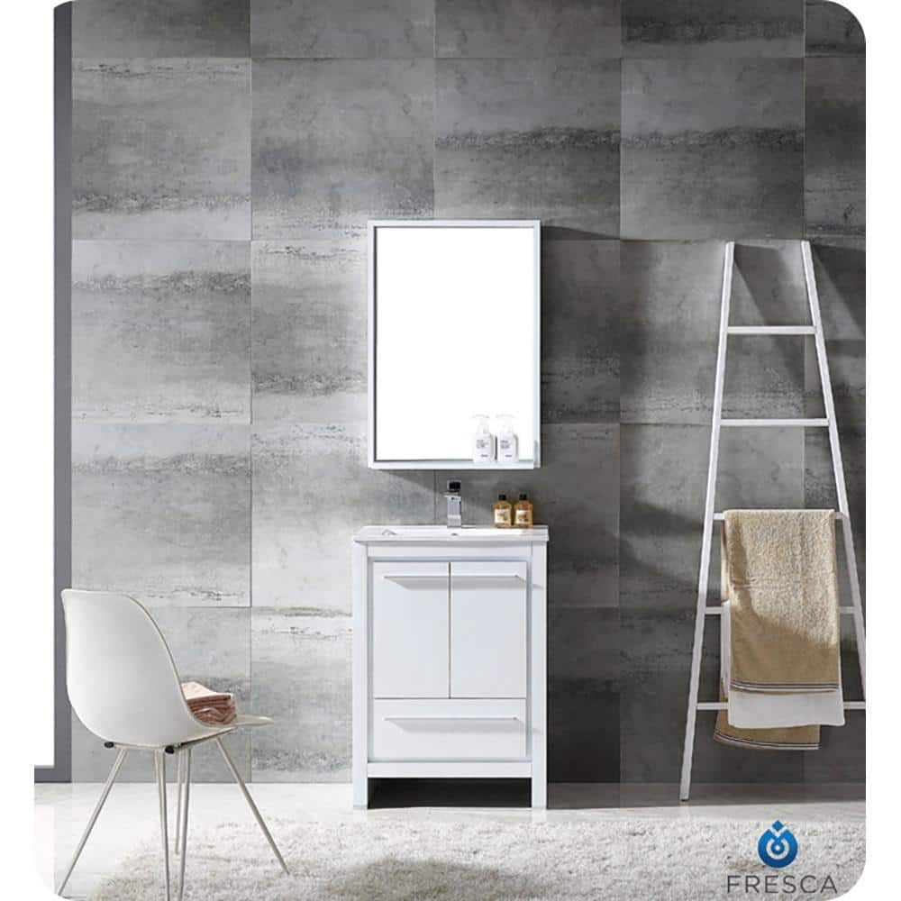 Modern Rectangular Frameless White Wood Vanity Mirror with Shelf