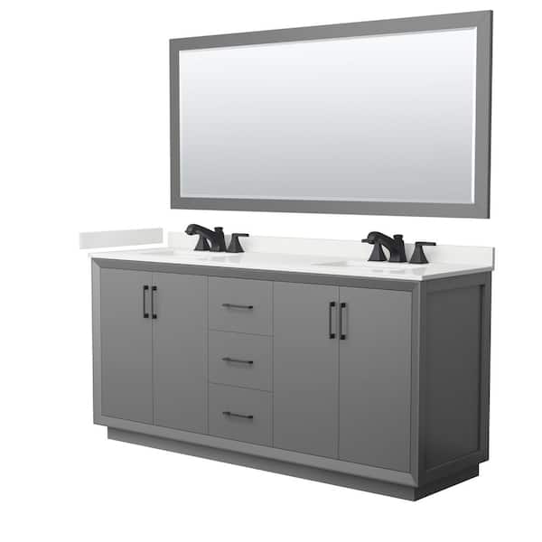 Wyndham Collection Strada 72 in. W x 22 in. D x 35 in. H Double Bath Vanity in Dark Gray with White Quartz Top and 70 in. Mirror