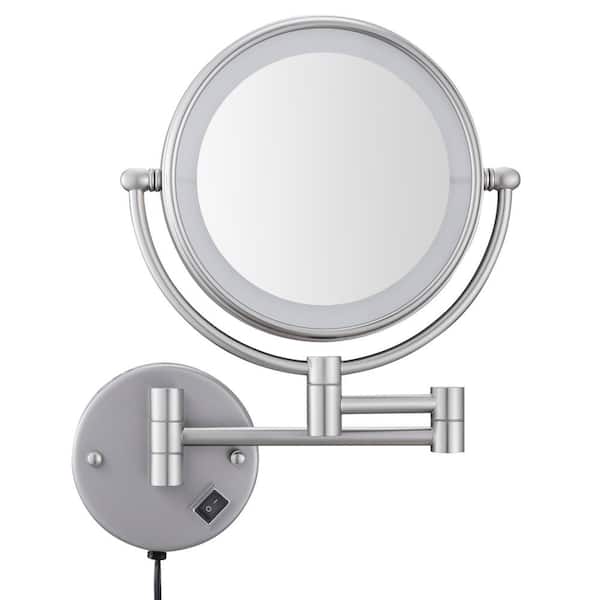 BWE 8 in. W x 8 in. H Round LED Lighted Wall Mount Bi-View 1x/10x Magnification Hardwired Bathroom Makeup Mirror in Nickel