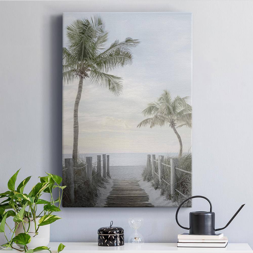 Palm Walk Coastal Landscape Canvas Painting in White Frame