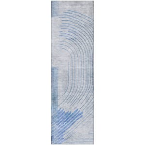 Mayfield Premium Machine Washable Abstract AMF2003 Blue 2 ft. x 7 ft. Runner Rug