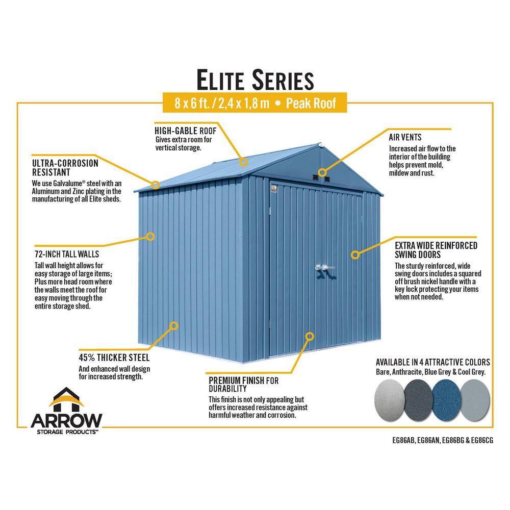 Elite 8x6 Cool Grey Galvanized Steel Storage Shed