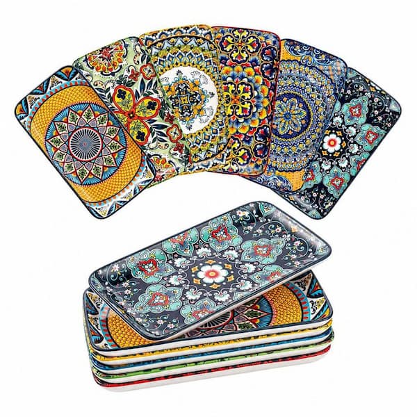 Bohemian, Multi-Colored, Microwave Oven Dishwasher Safe, 10 in. Rectangular Ceramic Dinner Plates, (Set of 6)