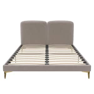 Beige Wooden Frame Queen Platform Bed With Upholstered Headboard