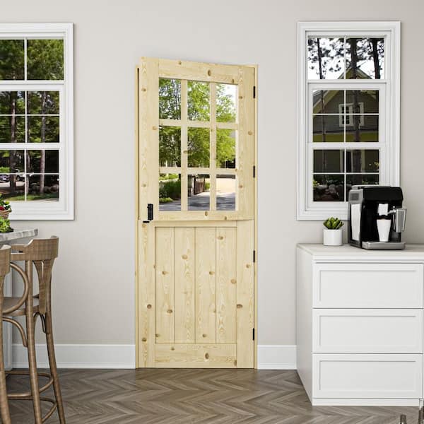 30 in. x 80 in. Solid Pine Universal 9-Lite Clear Glass Unfinished Dutch Door Design Wood Front Door Slab
