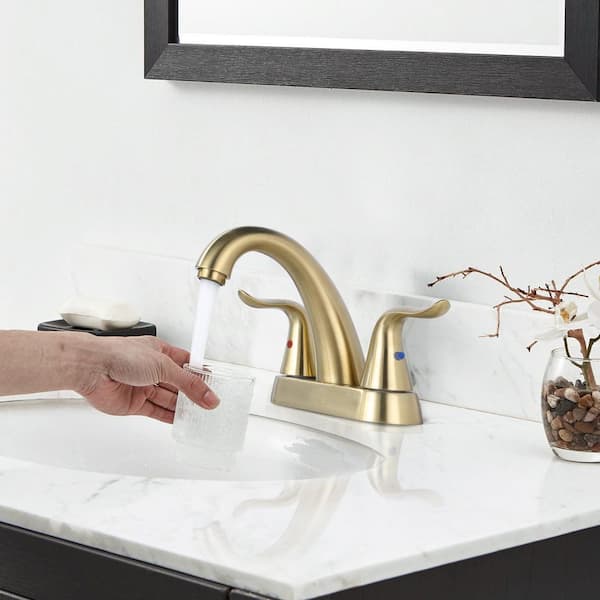 Modern High Arc 4 in. Centerset Double Handle Bathroom Faucet with Lift Rod Drain Kit in Brushed Gold