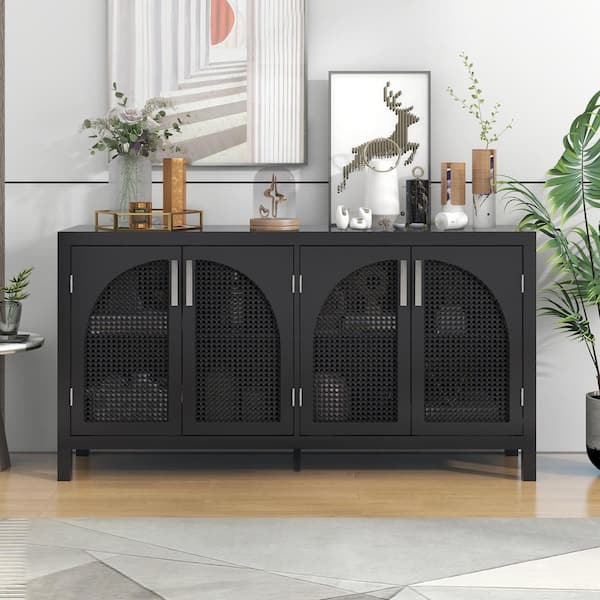 Harper & Bright Designs Black Wood 58.1 in. Sideboard with Adjustable Shelves and Hollow-out Rattan Doors