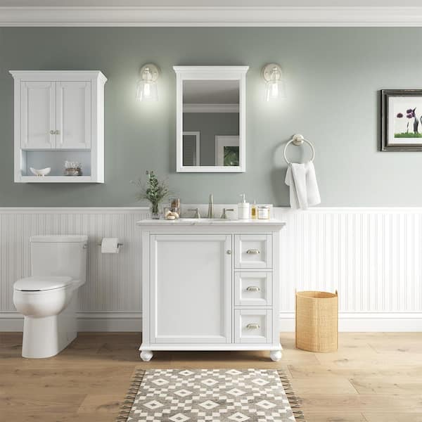 Home Decorators Collection Lamport 36 in. W x 22 in. D x 35 in. H Single Sink Freestanding Bath Vanity in White with White Engineered Stone Top