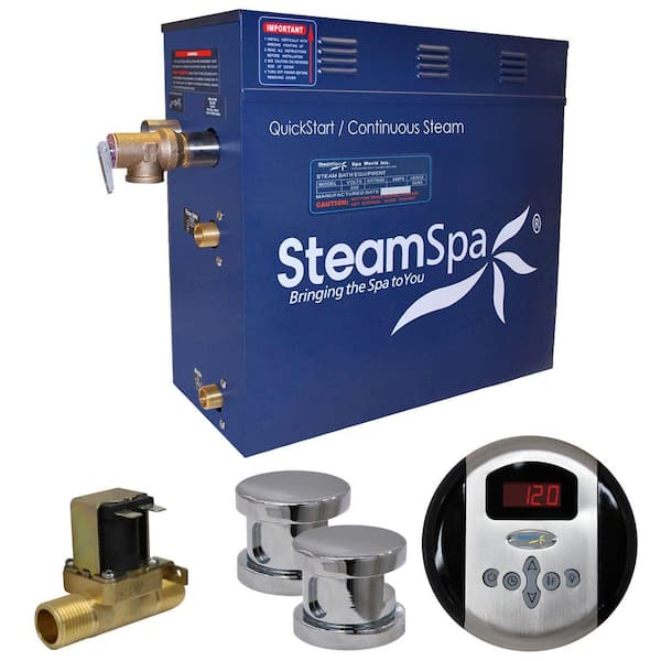 SteamSpa Oasis 10.5kW QuickStart Steam Bath Generator Package with Built-In Auto Drain in Polished Chrome