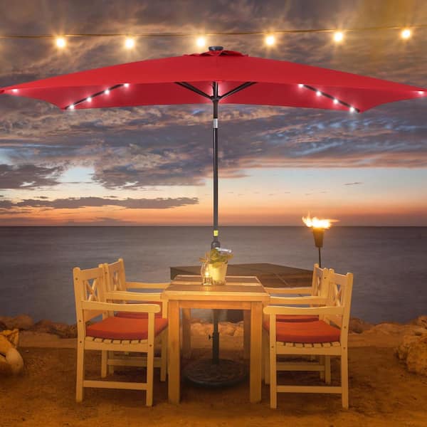 10 ft. x 6.5 ft. Rectangle Solar LED Outdoor Patio Market Table Umbrella with Push Button Tilt and Crank in Red