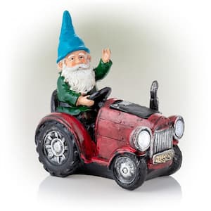 10 in. Tall Outdoor Garden Gnome Riding Red Tractor Yard Statue Decoration with LED Lights, Multicolor